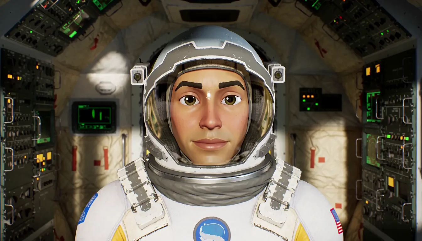 Animated astronaut facing the camera inside a spacecraft
