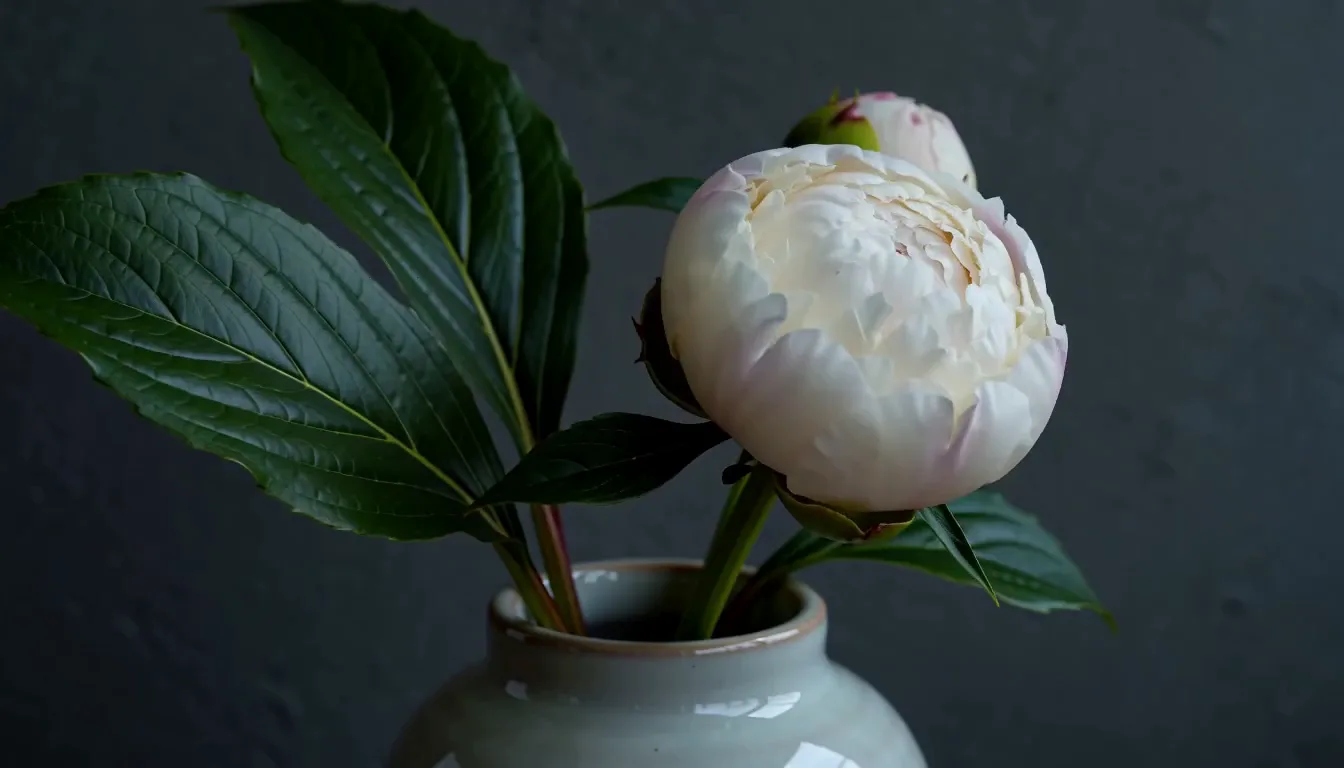White peony opening in a ceramic vase