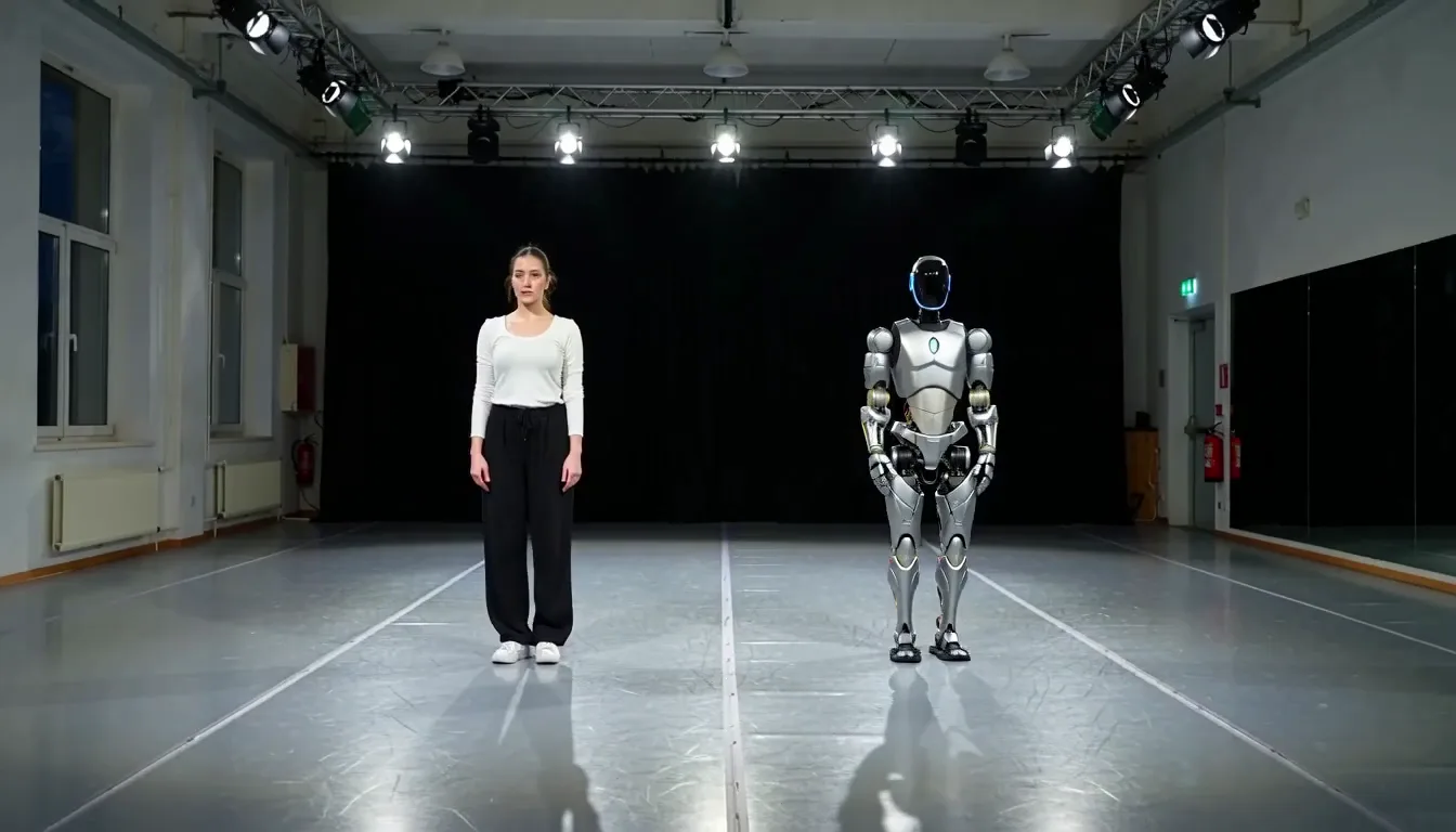 Performer and robot standing side by side in a studio