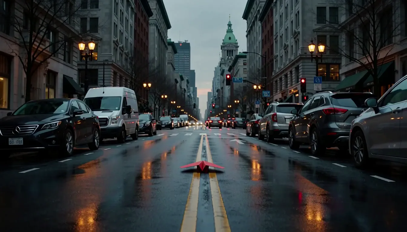 Red paper airplane on a wet city street