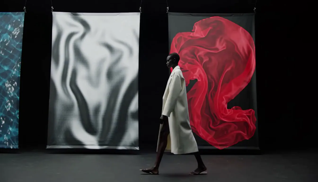 Fashion model walking past abstract fabric panels