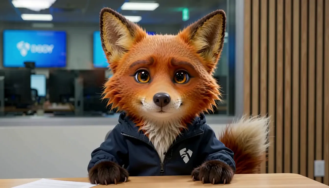 Animated fox presenter seated at a studio desk