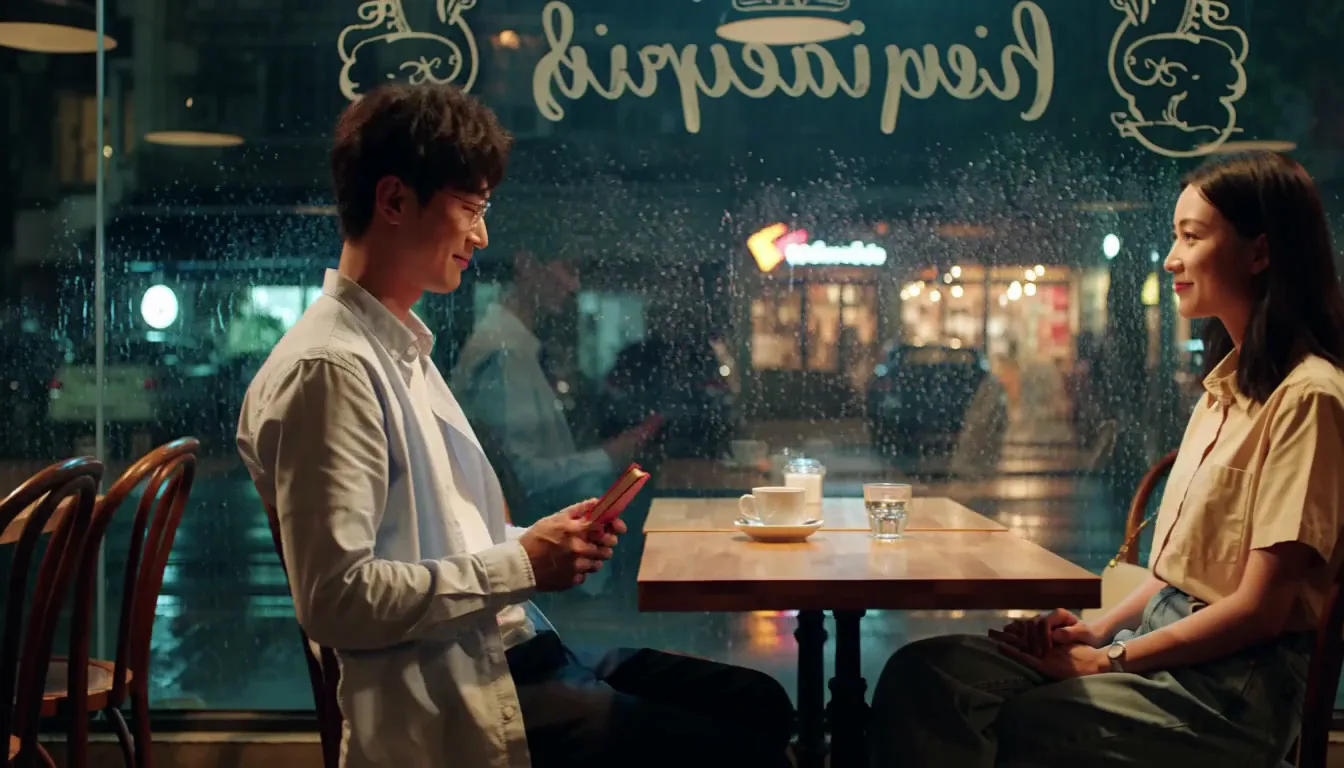 Two people sitting across a cafe table on a rainy evening