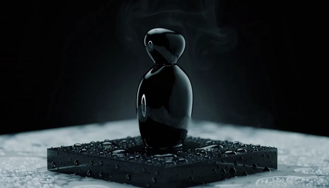 Black product bottle on a dark studio pedestal