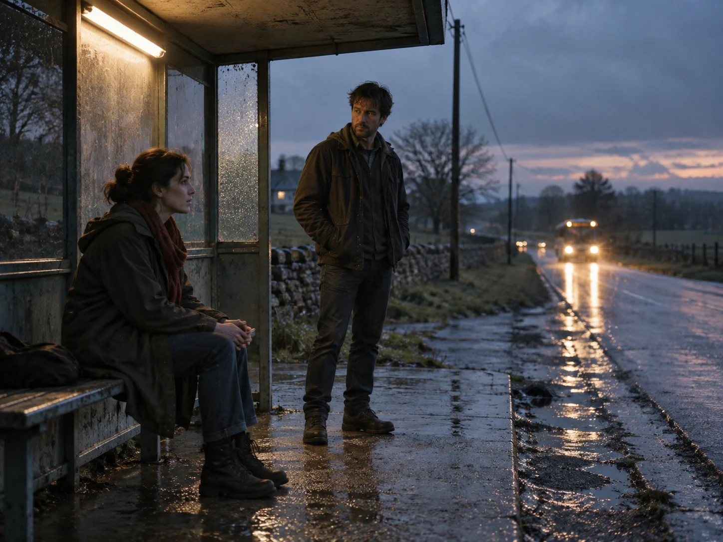 Two characters holding a dramatic story beat at a rain-darkened bus stop
