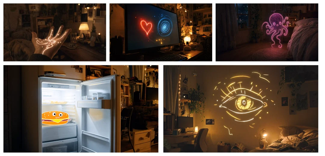 Five keyframe compositions showing luminous effects in a warm interior