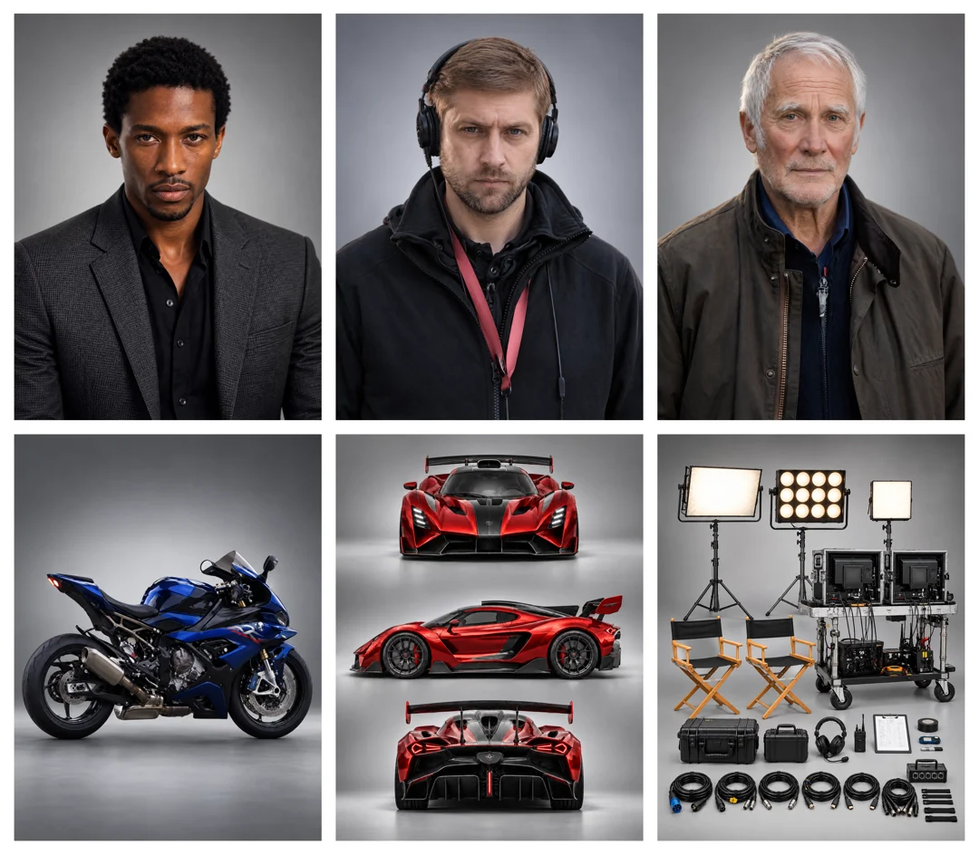 Reference sheet with three characters, a motorcycle, multiple views of a red car and filming equipment