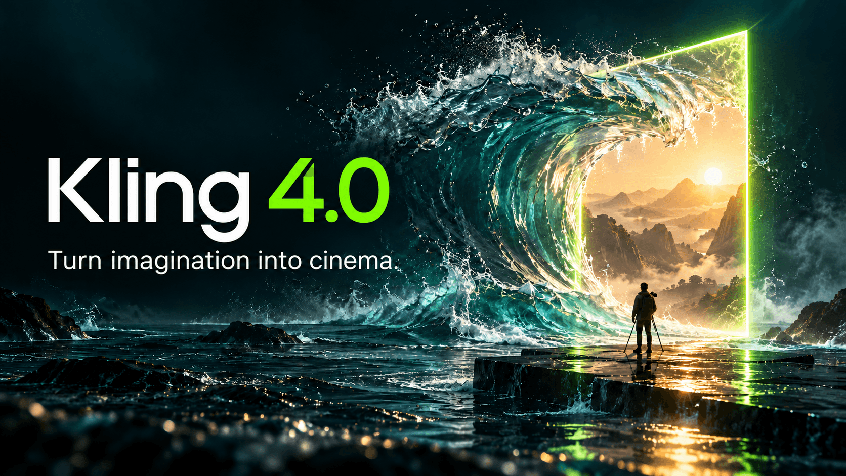 Kling 4.0: Turn imagination into cinema, with an ocean wave opening into a sunlit mountain landscape.