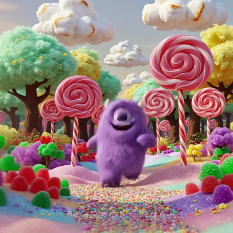 A purple furry creature hops through a colorful candy landscape