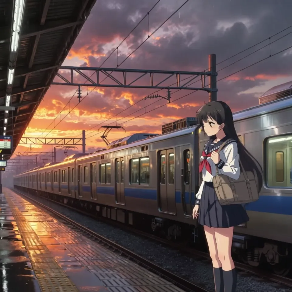 An animated girl waits beside a train on a sunset railway platform