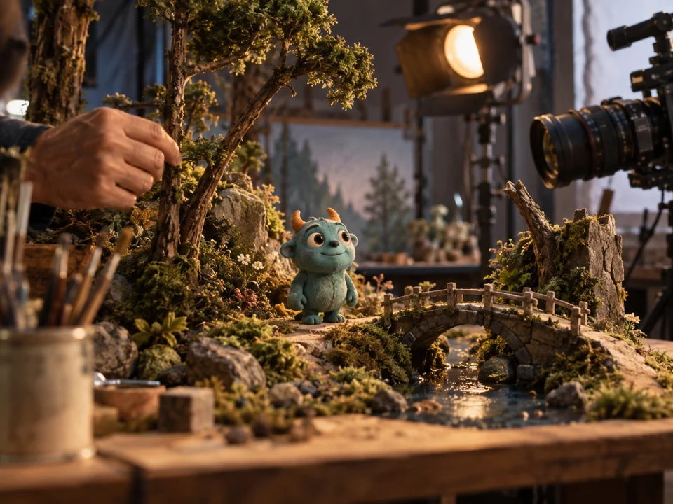 An artist arranges a teal clay creature on a detailed miniature forest set beside a camera