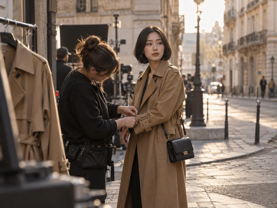 A costume artist adjusts an actress’s camel trench coat on a city film set