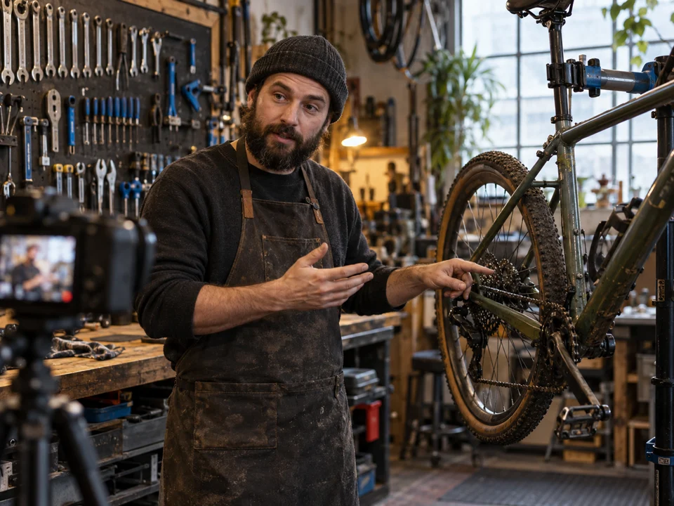 A bicycle mechanic demonstrates a drivetrain repair to a camera in his workshop