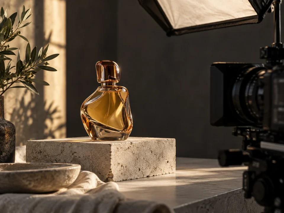 An amber perfume bottle on a stone plinth beside a cinema camera in a sunlit studio