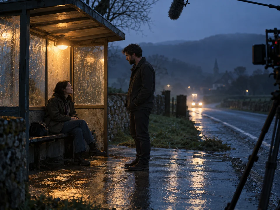 Two actors film a quiet conversation at a rain-soaked bus shelter at dusk