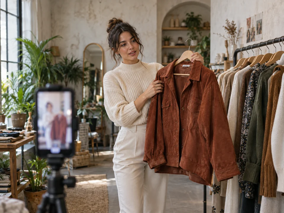 A creator presents a rust-colored jacket to a smartphone camera in a bright boutique