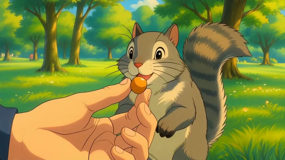 An illustrated squirrel takes a small round treat from a hand in a sunny forest