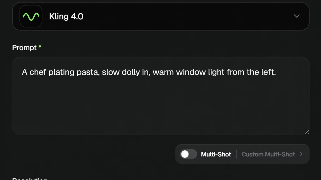 Screenshot of the Kling AI Video editor with a scene description entered in the prompt field