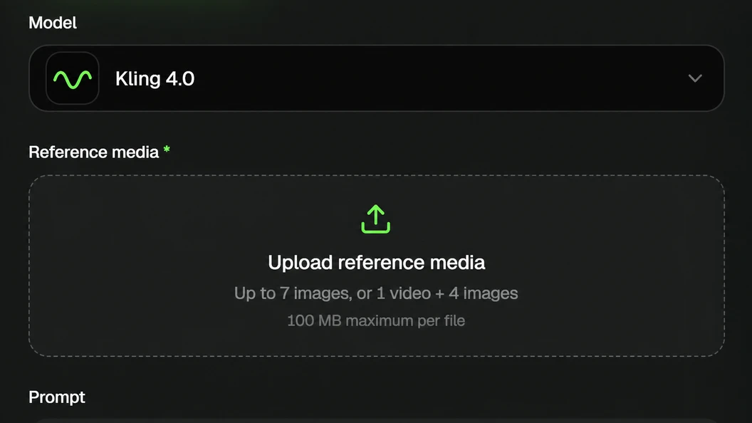 Screenshot of Reference mode and the reference media upload area in the Kling AI Video editor